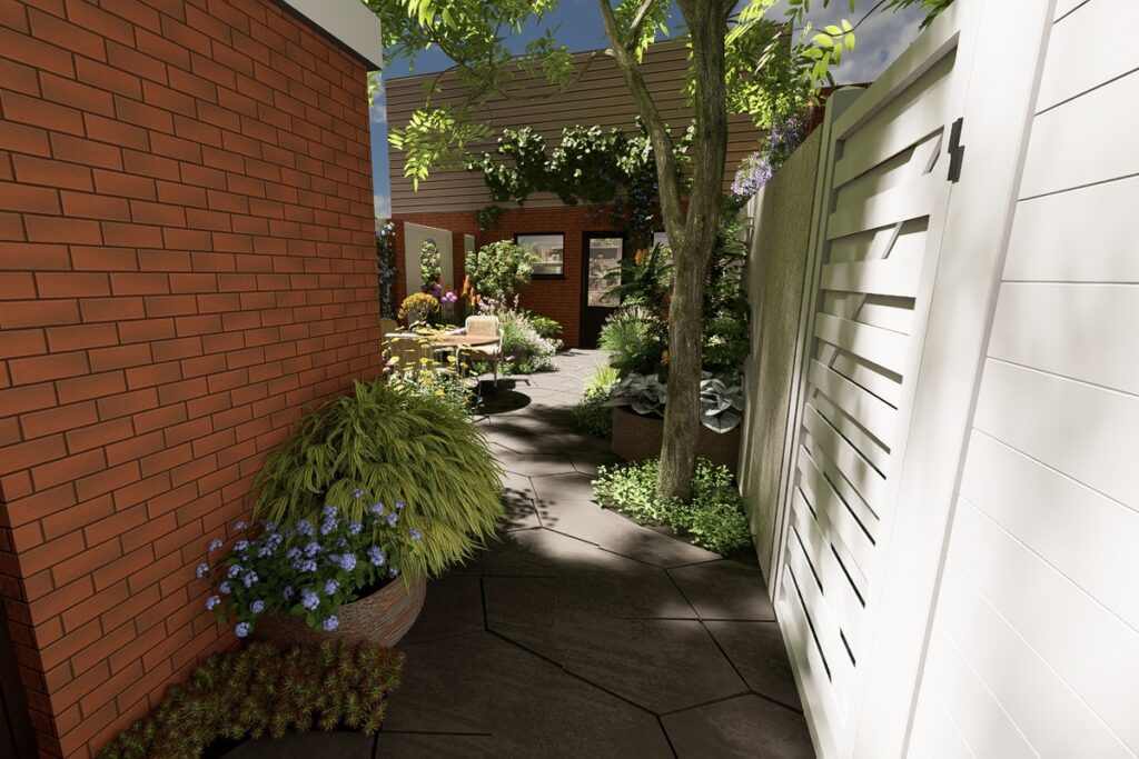 Ingang van stadstuin met veel groen