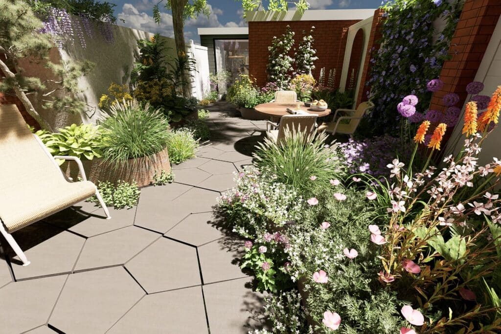overzicht stadstuin ontwerp met verhoogde bakken
