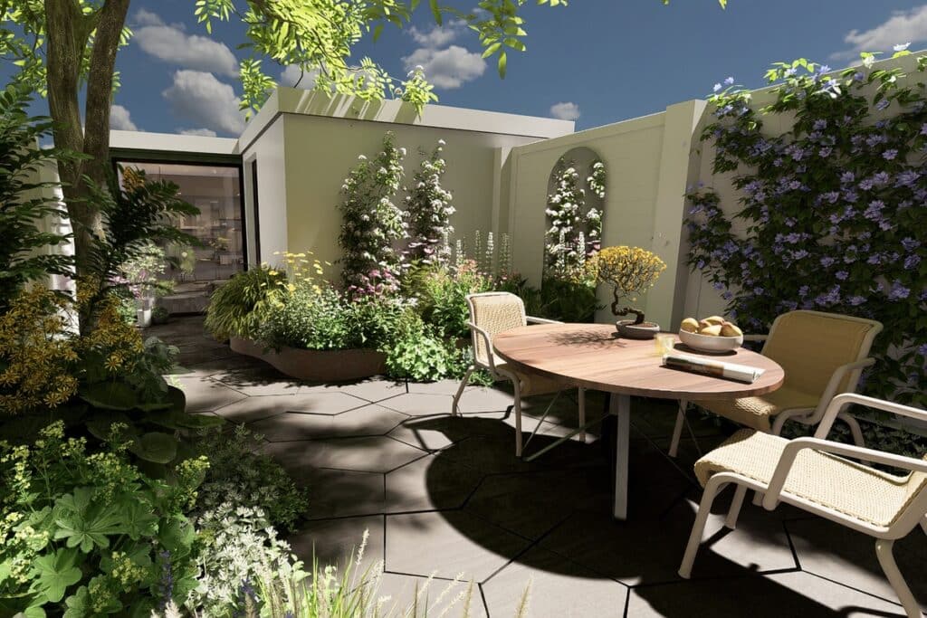 stadstuin met weelderige beplanting en spiegels